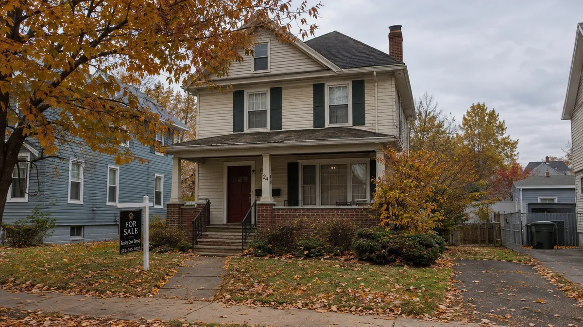 Older two-story residential rental property in Albany, New York during mid-autumn with fallen leaves on the walkway.