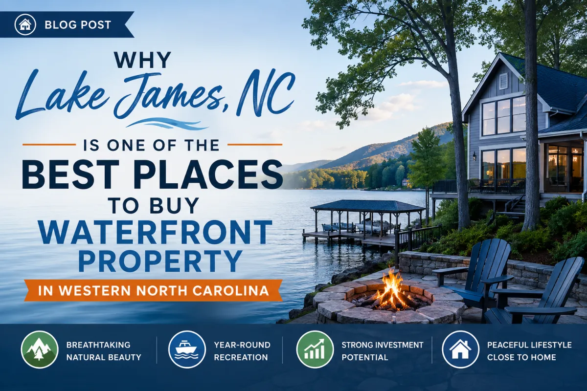 Beautiful waterfront home overlooking Lake James, NC with mountain views and private lake access.