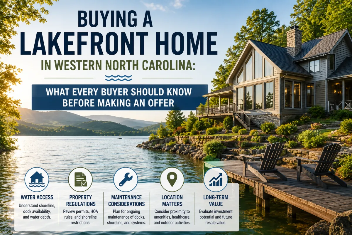 Buying a lakefront home in Western North Carolina featuring a waterfront home, mountain scenery, and lakefront real estate buying guide.