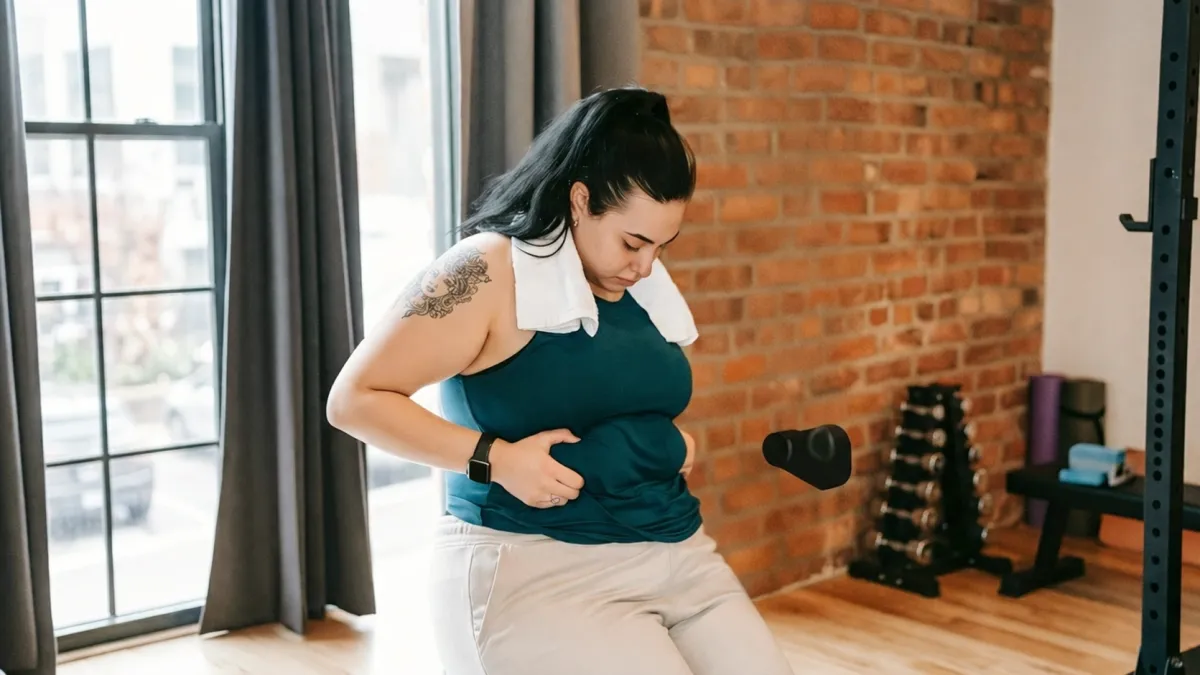 Woman in midlife feeling frustrated by body changes during perimenopause