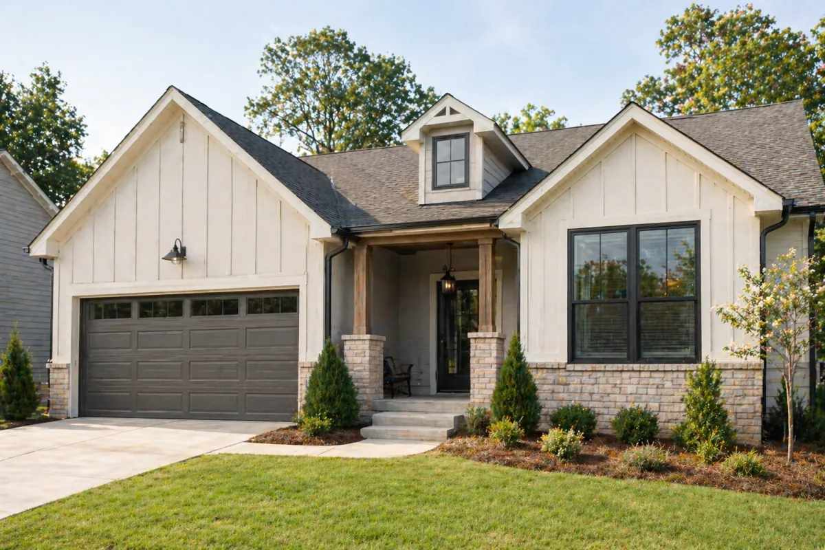 A newly built single-family home in Greenville SC with modern design, clean exterior, natural light, and simple landscaping in a quiet neighborhood
