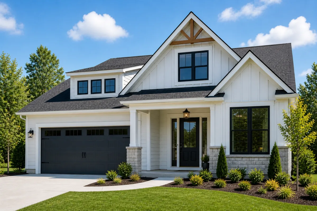 Modern new construction home exterior in Greenville SC with clean design, neutral colors, and landscaped front yard