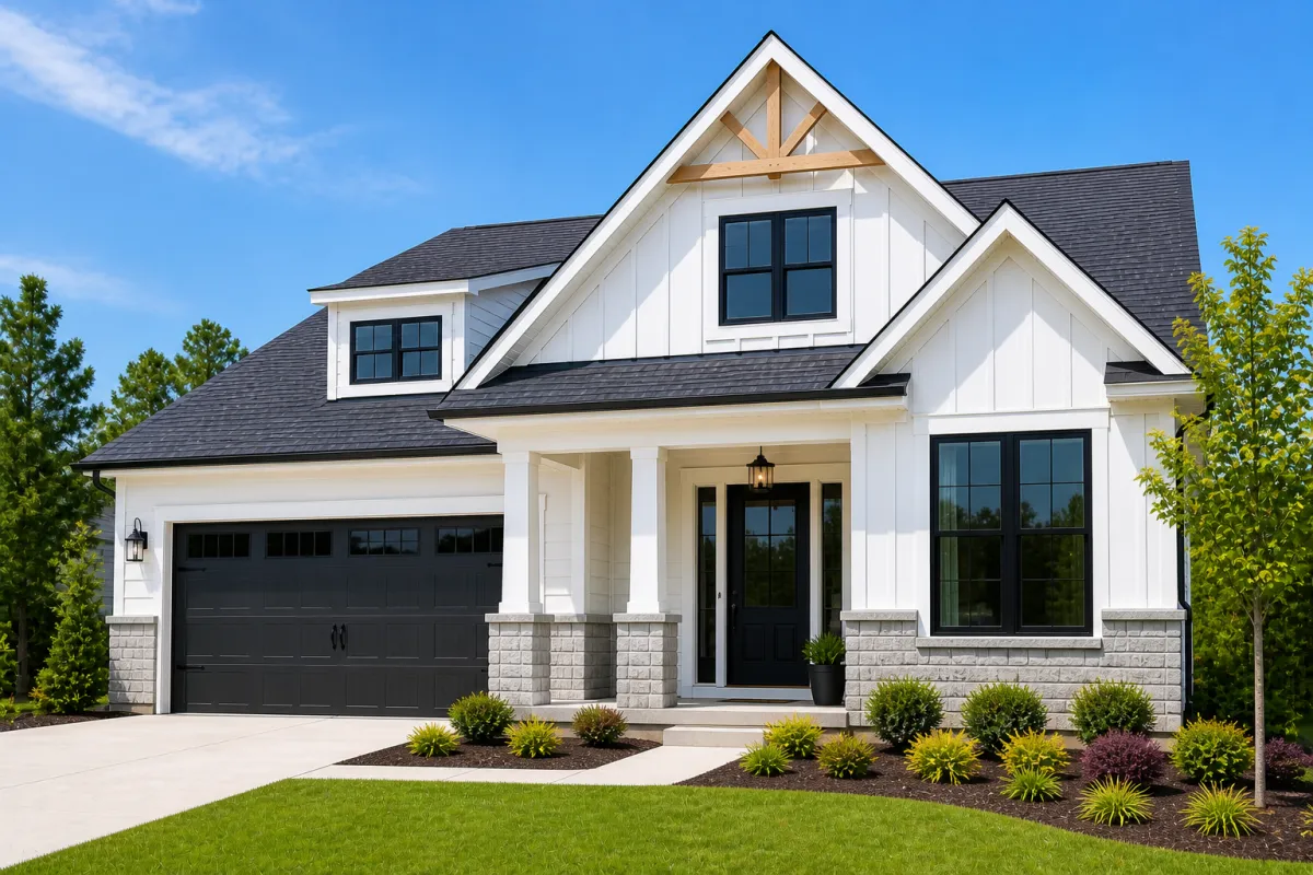 Modern newly built home exterior in Greenville SC with clean lines, neutral colors, and a landscaped front yard