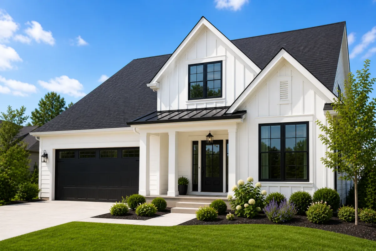 Modern new construction home exterior in Greenville SC with clean design, neutral tones, and a landscaped yard