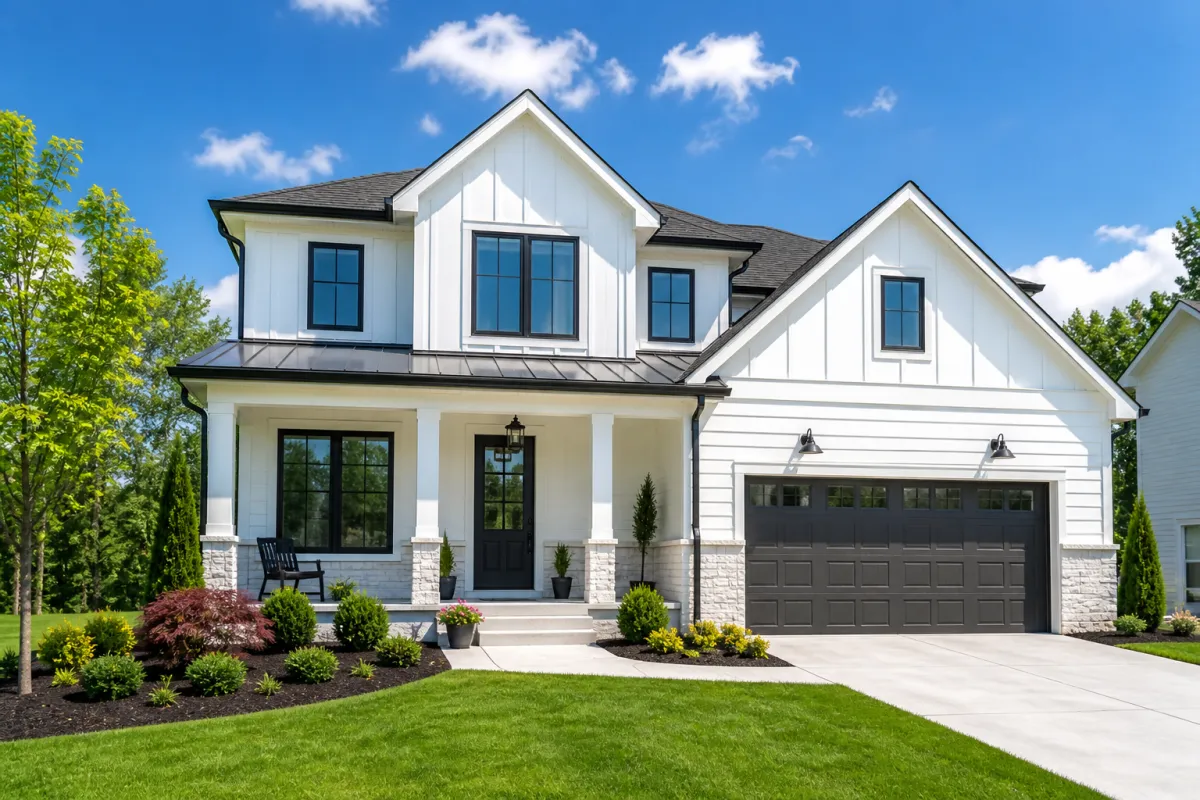 Modern new construction home exterior in Greenville SC with clean design, neutral colors, and a landscaped front yard