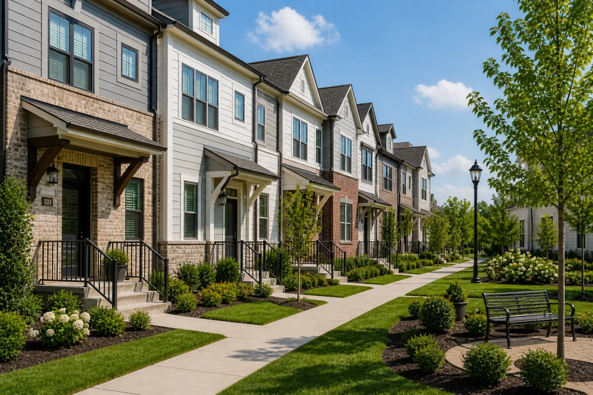 Townhome community exterior in Greenville SC with clean landscaping and maintained shared spaces
