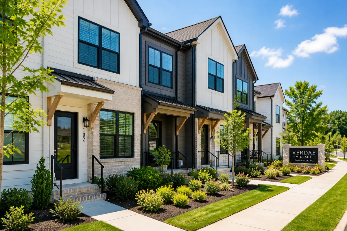 Modern townhome exterior in Greenville SC with clean design and bright daylight