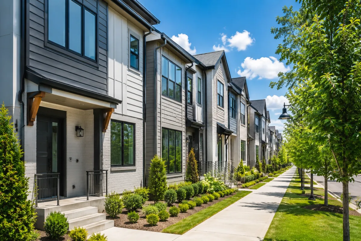 Modern townhome community in Greenville SC with clean exterior and bright daylight
