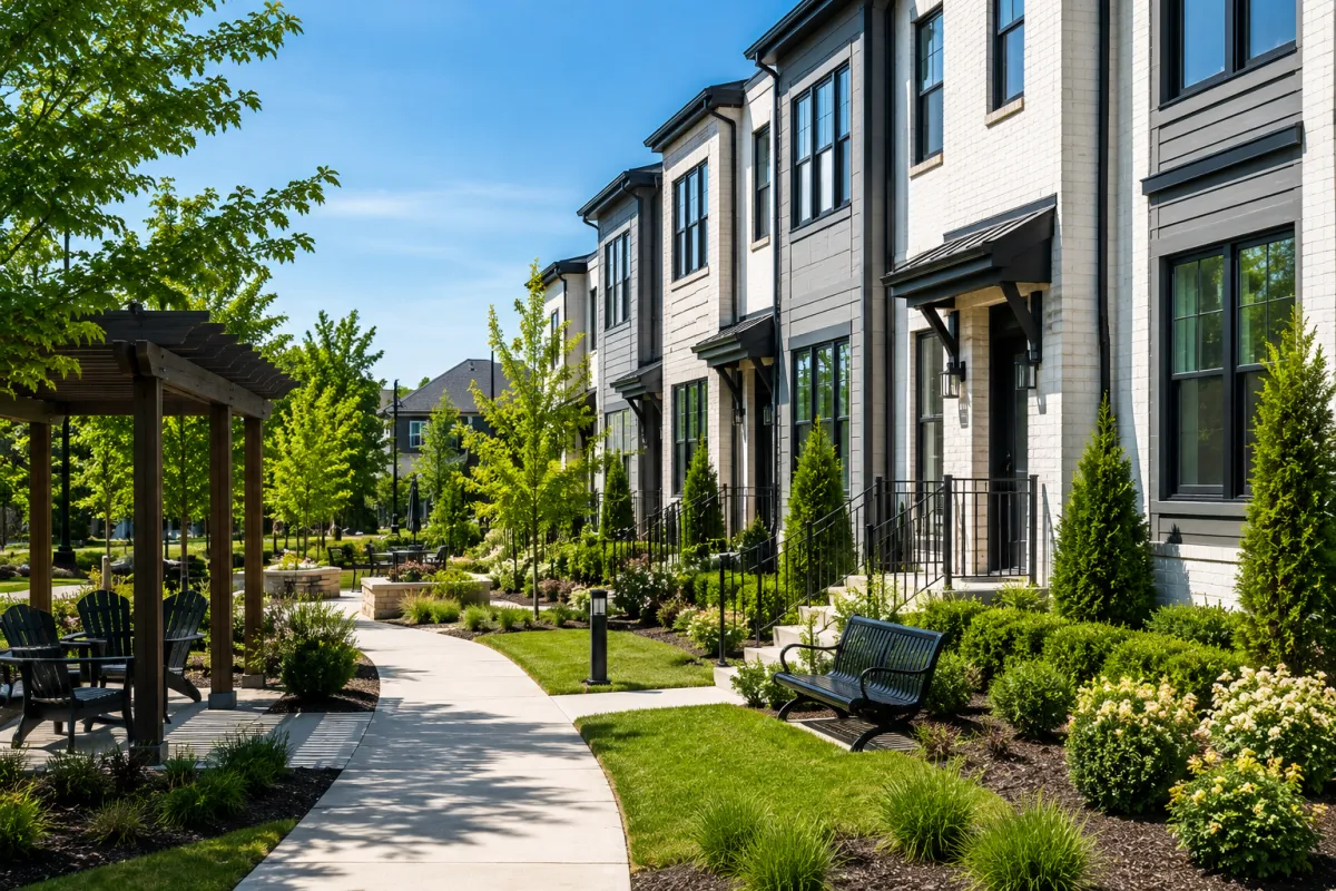 Modern townhome community in Greenville SC with clean landscaping and organized shared spaces