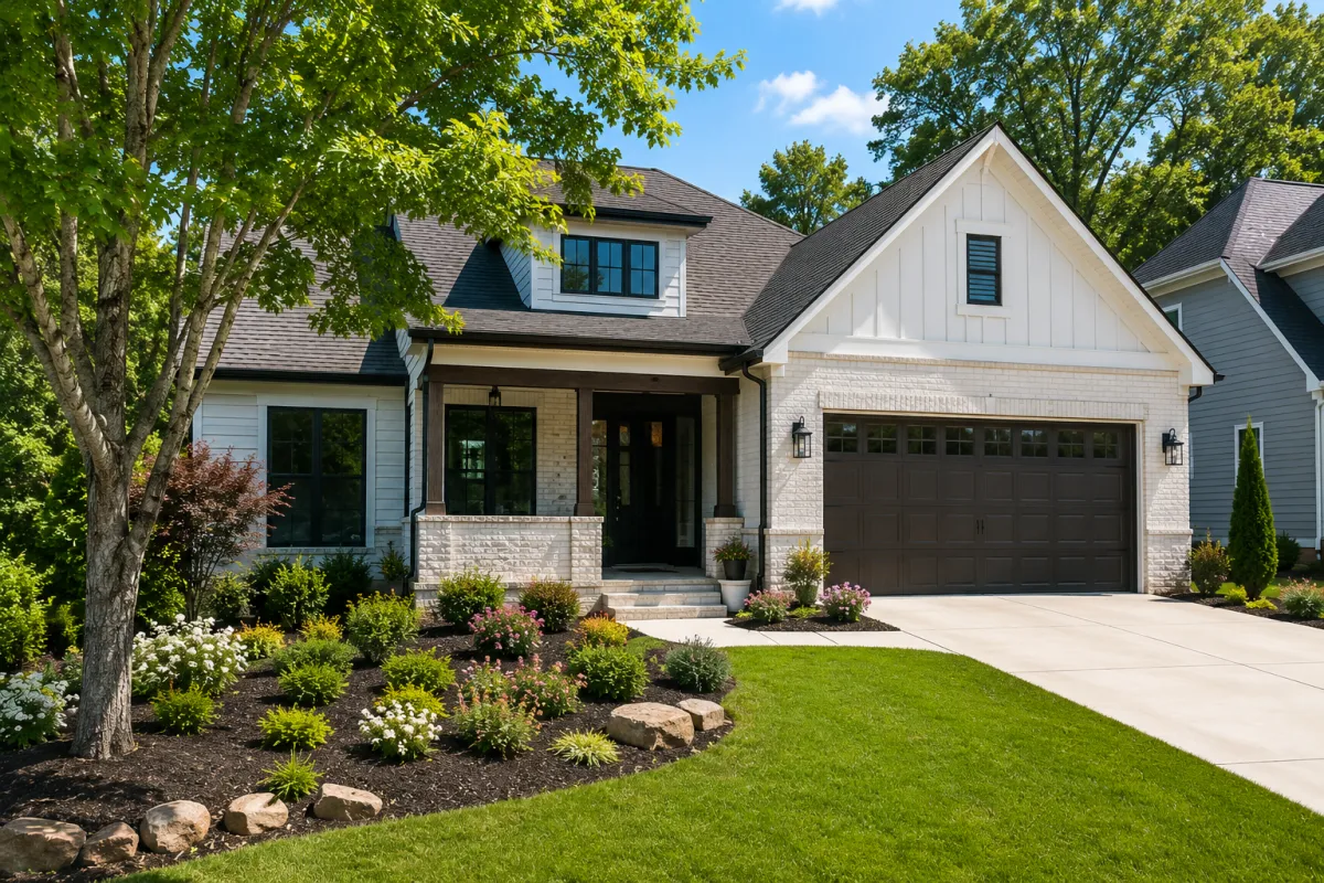 Modern suburban home in Greenville SC with bright daylight and mature landscaping