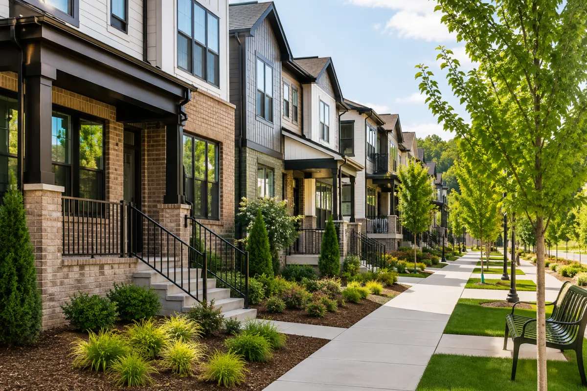 Cover Image Alt Text Modern townhome community in Greenville, South Carolina with landscaped sidewalks, shared green spaces, and clean neighborhood design during daylight.