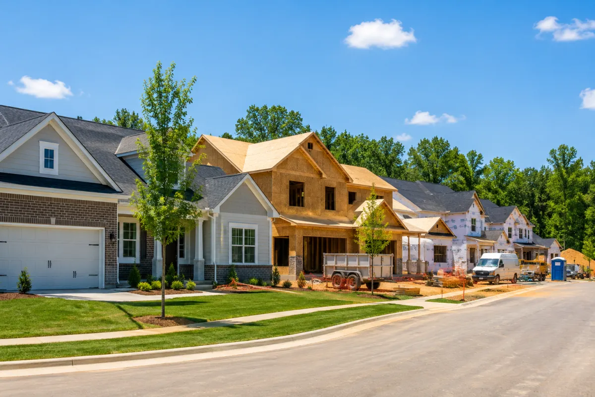 Modern new construction neighborhood in Greenville, South Carolina with partially completed homes, construction activity, and bright daylight.