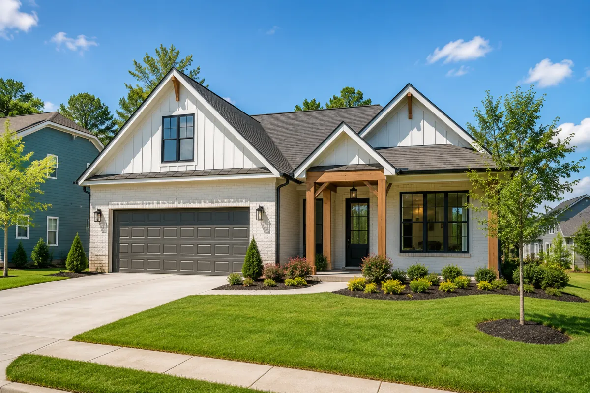 Bright modern spec home in Greenville, South Carolina with clean exterior finishes, organized landscaping, natural daylight, and a calm move-in-ready neighborhood setting.