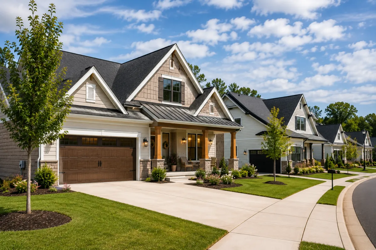Modern farmhouse-style single-family home in Simpsonville, South Carolina on a bright overcast afternoon with clean landscaping, wide front porch, mature greenery, and a welcoming suburban atmosphere.