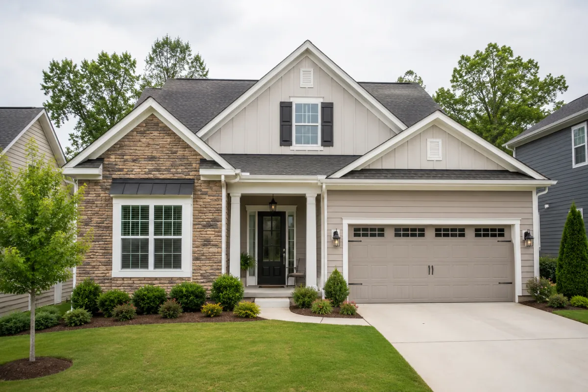 Straight-on view of a modern single-family home in Greenville, South Carolina on a bright overcast afternoon with clean landscaping, soft natural lighting, and a calm suburban atmosphere.
