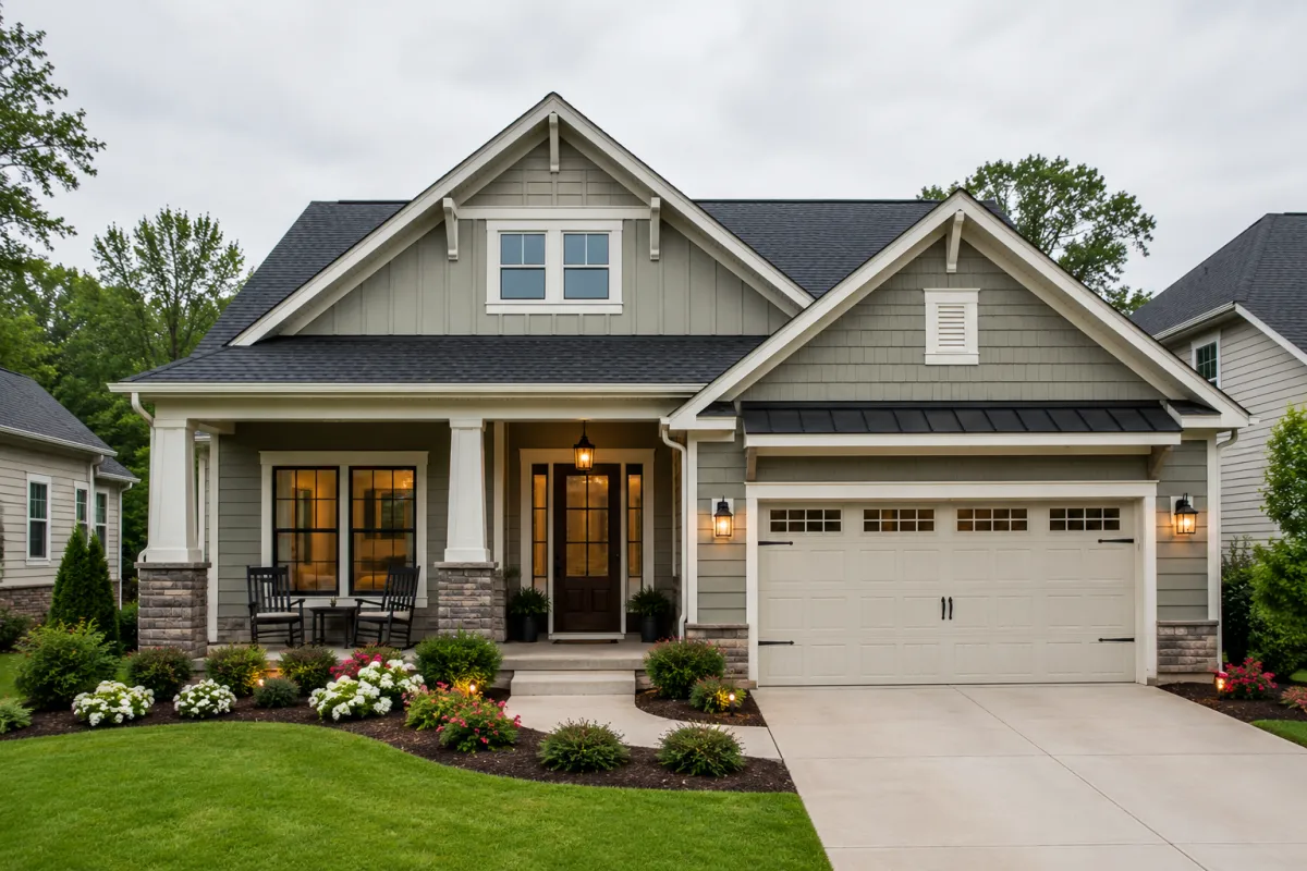Straight-on view of a modern craftsman-style single-family home in Greenville, South Carolina on an overcast afternoon with clean landscaping, soft exterior lighting, and a peaceful suburban setting.