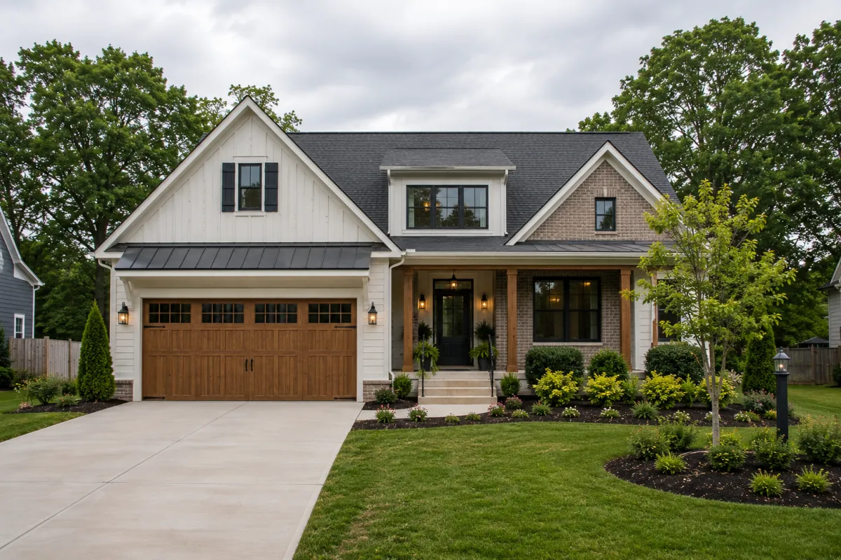 Straight-on view of a modern suburban single-family home near Greenville, South Carolina on a cloudy afternoon with clean landscaping, mature trees, wide driveway, and a peaceful residential atmosphere.