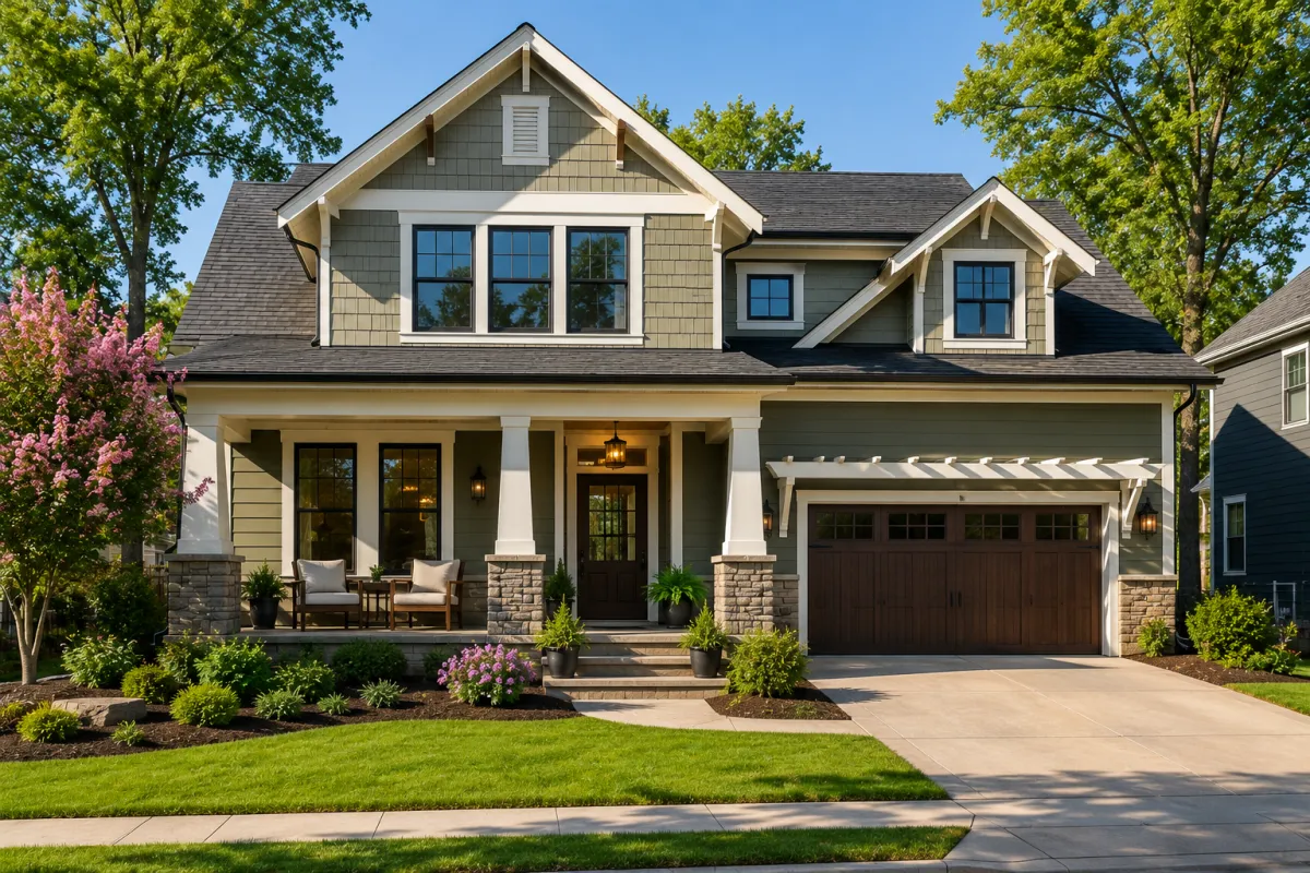 Straight-on view of a modern craftsman-style home in Greenville, South Carolina on a sunny afternoon with soft exterior lighting, mature landscaping, inviting front porch seating, and a peaceful suburban atmosphere.
