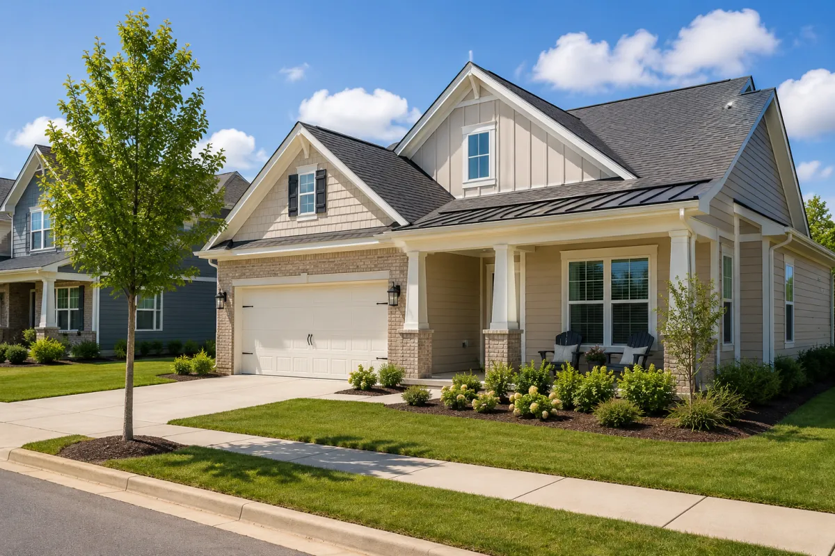 Straight-on exterior view of a newer brick-and-board-and-batten suburban home in Greenville, South Carolina during soft cloudy afternoon light with mature landscaping, wide driveway, peaceful sidewalks, and a calm neighborhood atmosphere focused on practical everyday living.
