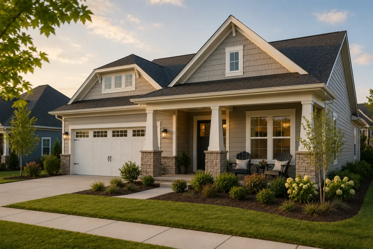 Slight corner-angle exterior view of a newer transitional-style home in Greenville, South Carolina during soft early evening light with inviting front porch seating, mature landscaping, warm neutral exterior colors, and a peaceful neighborhood atmosphere designed around everyday living.