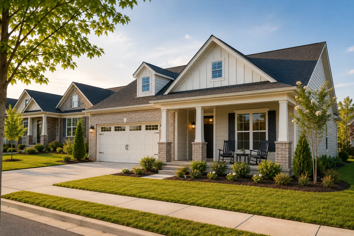 Wide street-level view of a newer transitional-style home in Greenville, South Carolina during soft golden-hour light with connected sidewalks, welcoming front porch seating, mature landscaping, and a peaceful neighborhood atmosphere designed around long-term everyday living.