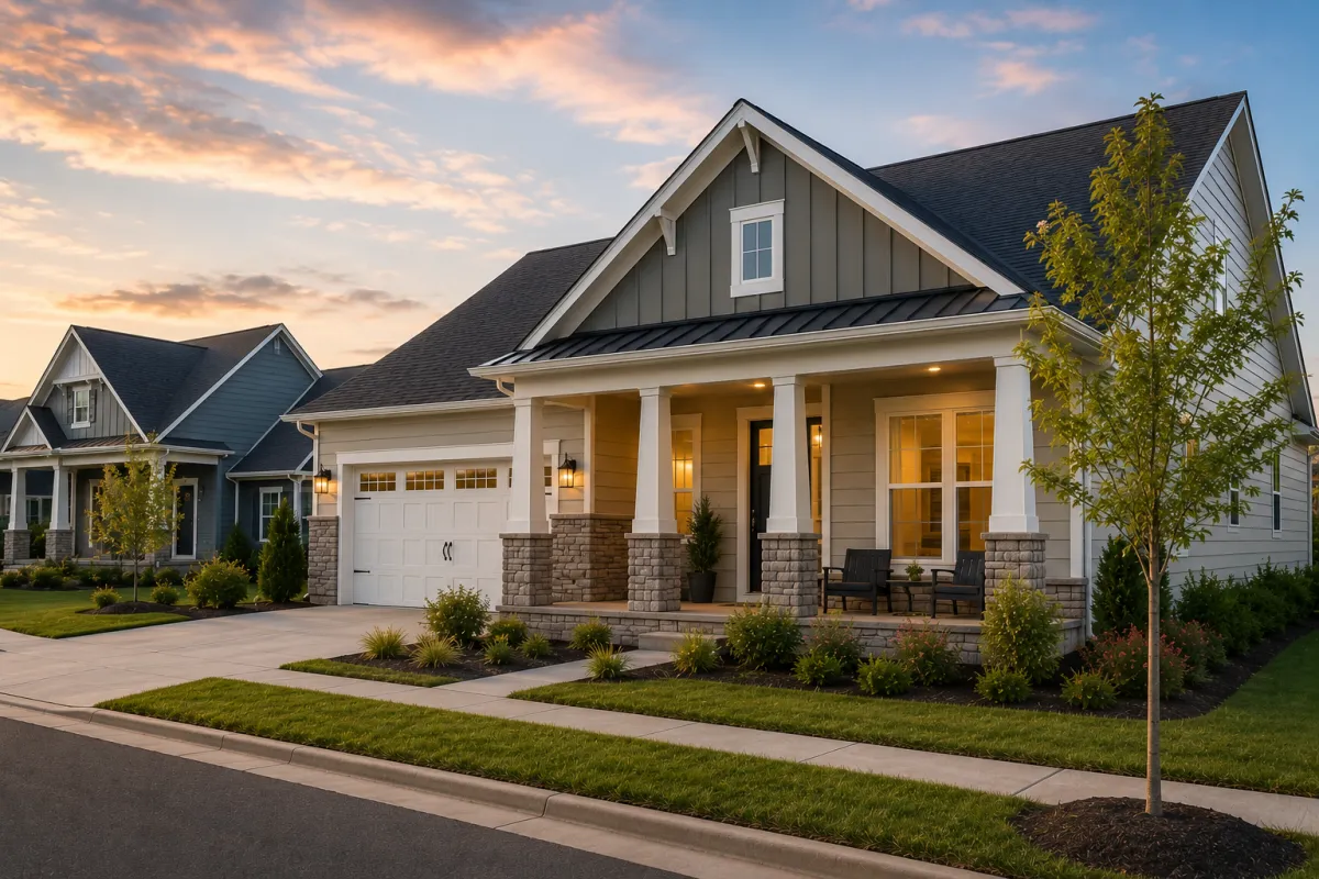 Wide neighborhood view of a newer cottage-inspired home in Simpsonville, South Carolina during soft late-afternoon sunlight with peaceful sidewalks, layered landscaping, welcoming front porch seating, and a calm suburban atmosphere designed around emotionally comfortable living.