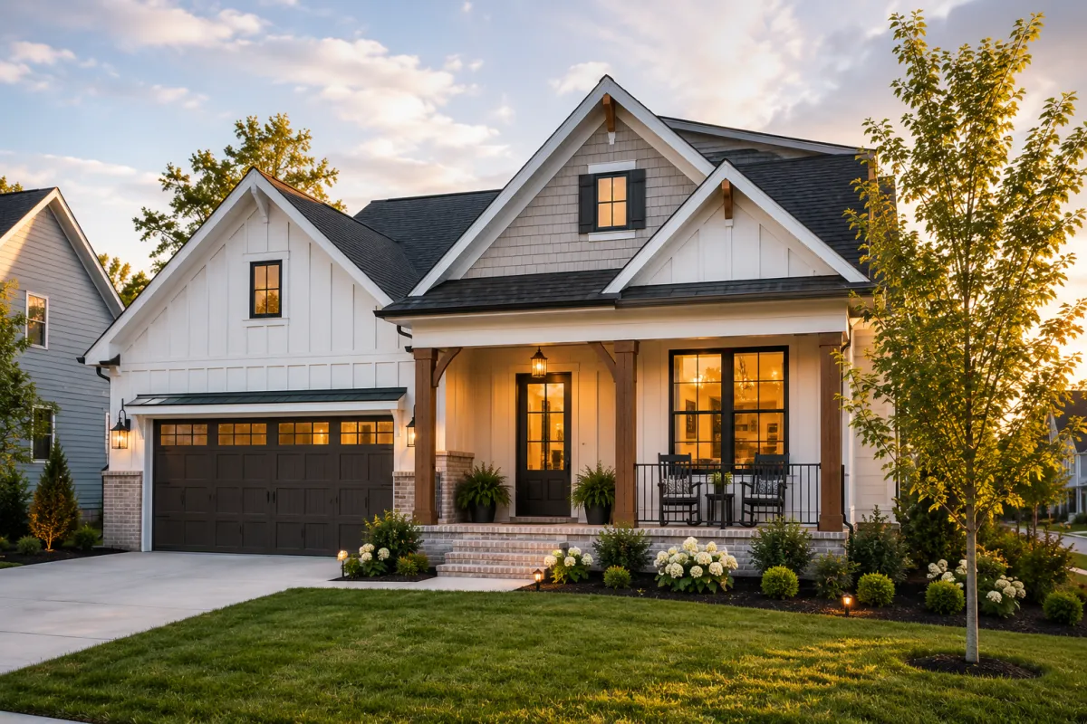 Peaceful newer home in Greenville, SC with covered outdoor living space, soft natural evening light, mature landscaping, and a calm neighborhood atmosphere.