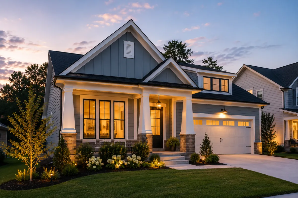 Calm newer suburban home in Simpsonville, SC with soft overcast lighting, simple landscaping, peaceful neighborhood spacing, and an emotionally grounded atmosphere.