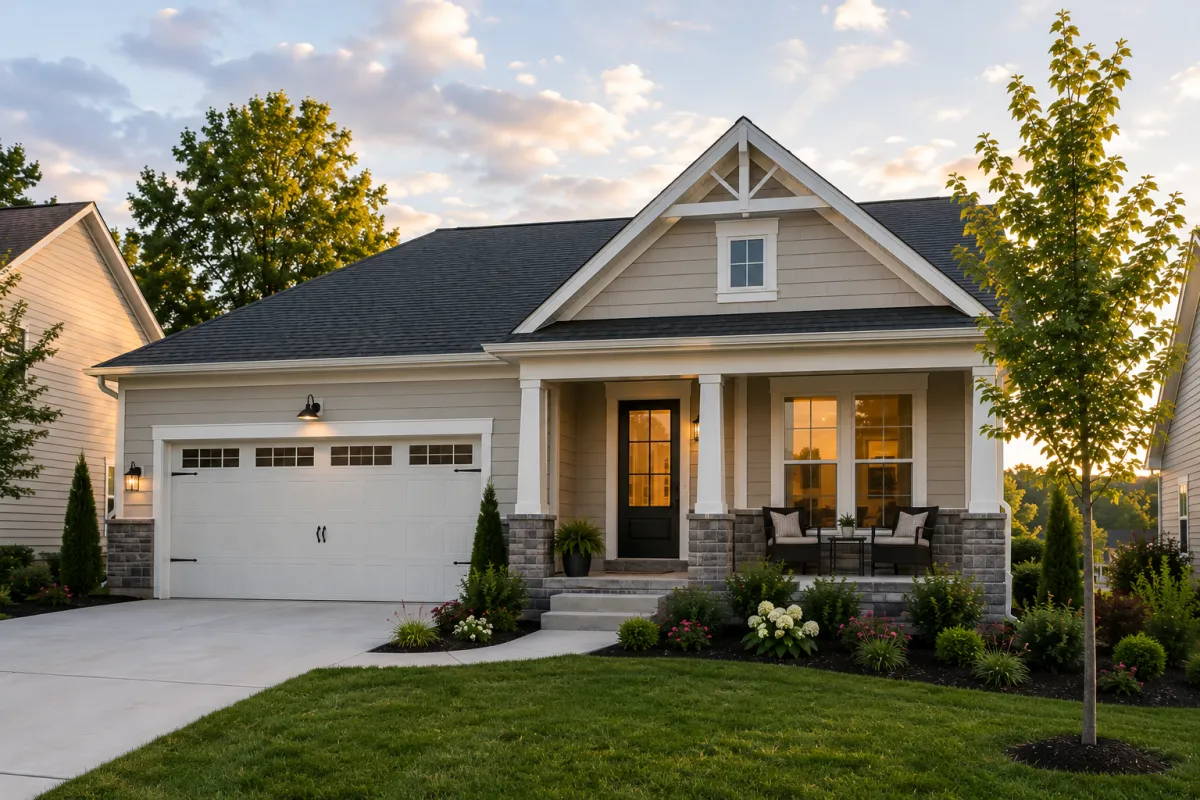 Peaceful newer home in Simpsonville, SC with soft natural lighting, simple landscaping, welcoming front porch, and a calm neighborhood atmosphere that feels emotionally grounding.