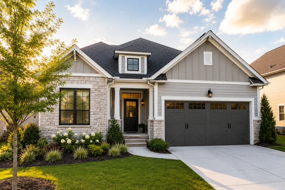 Brick-front newer suburban home in Greenville, South Carolina with soft evening light, simple landscaping, quiet neighborhood spacing, and a calm emotionally supportive atmosphere.