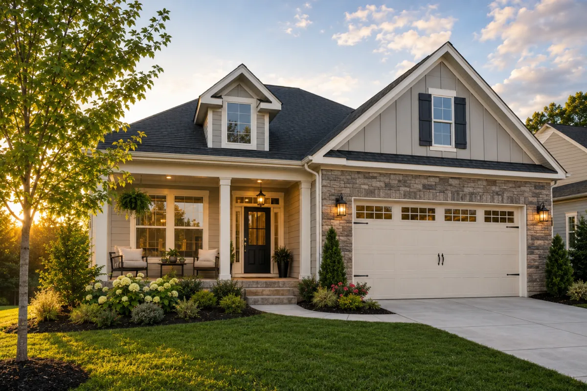 Cottage-inspired newer home in Simpsonville, South Carolina with soft cloudy afternoon lighting, mature landscaping, warm neutral exterior colors, and a peaceful emotionally calming neighborhood atmosphere.