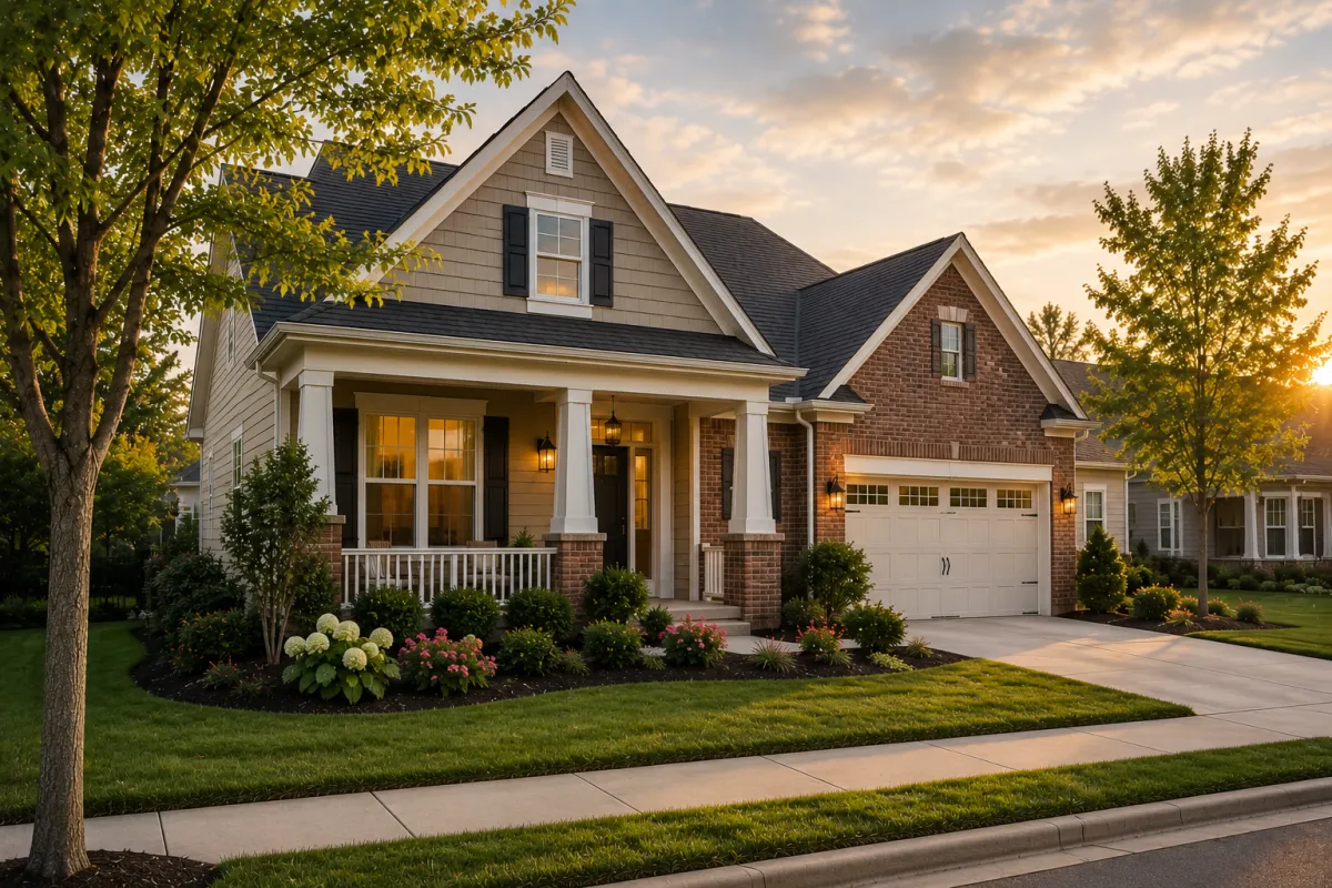 Traditional suburban home in Simpsonville, South Carolina with a welcoming front porch, mature shade trees, and soft early evening light, creating a peaceful atmosphere that feels established, comfortable, and inviting.