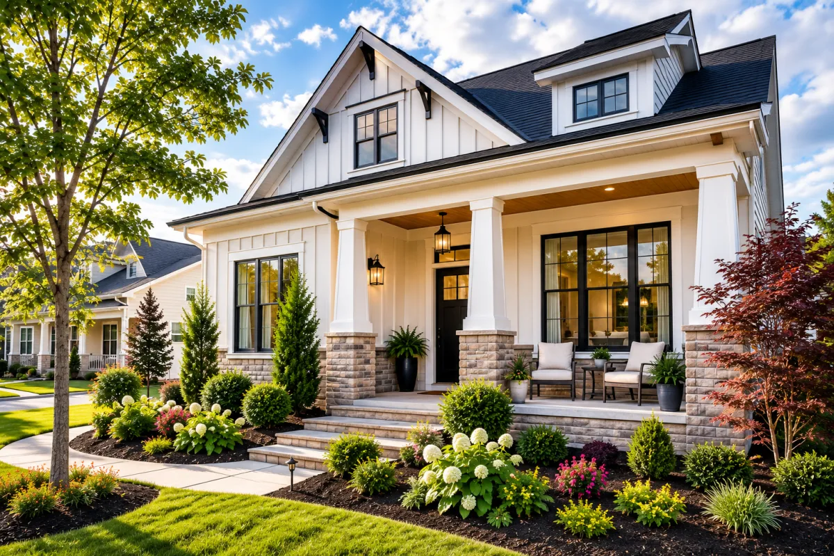 Board-and-batten newer home in Greenville, South Carolina viewed from a front porch angle on a soft cloudy afternoon, featuring thoughtful landscaping, a welcoming entry, and a practical family-friendly atmosphere that feels comfortable and well-organized.