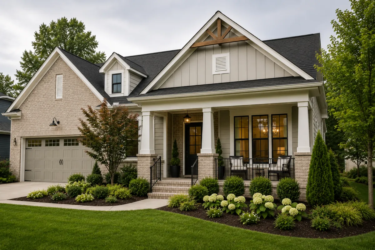Transitional-style newer home in Greenville, South Carolina with large front windows, balanced architectural lines, mature landscaping, and soft overcast lighting that creates a calm and emotionally grounded atmosphere.