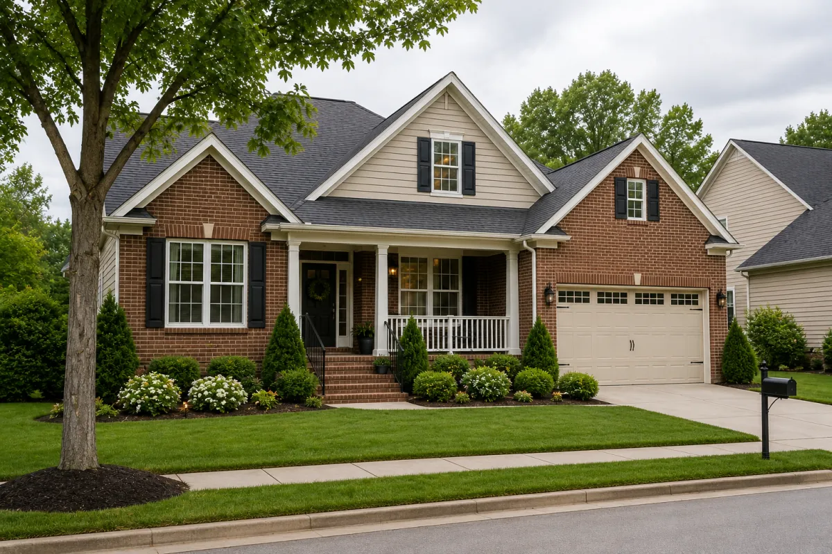 Traditional brick-front home in a peaceful Greenville, South Carolina neighborhood on a soft overcast afternoon, featuring mature trees, simple landscaping, and a calm atmosphere that feels reassuring and free from unnecessary distractions during an overwhelming season of decision-making.