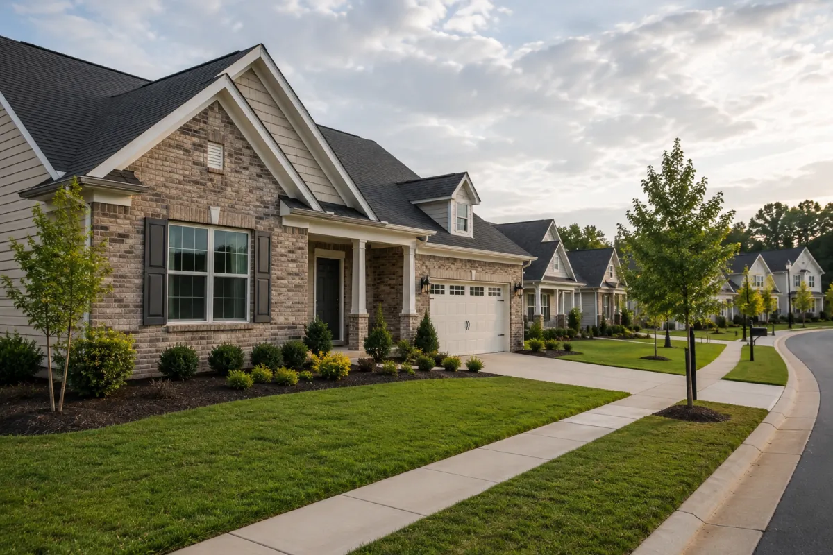 Traditional brick-front home in a newer community just outside Greenville, South Carolina, viewed from a street-level neighborhood perspective on a soft cloudy afternoon, featuring mature landscaping, sidewalks, and a calm atmosphere that reflects uncertainty, exploration, and the possibility of a different lifestyle.