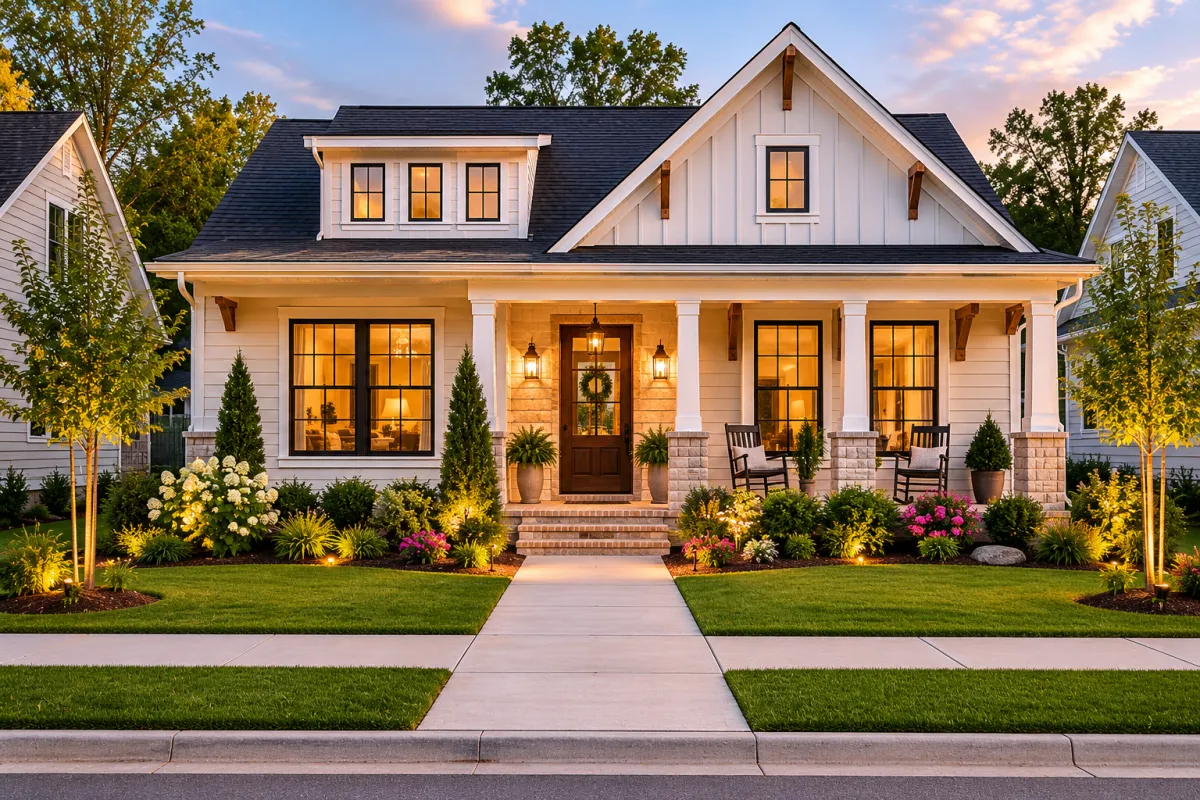 Straight-on exterior view of a board-and-batten newer home in a Greenville, South Carolina community during a warm early evening glow, featuring a welcoming front porch, mature landscaping, evenly spaced neighboring homes, and a peaceful streetscape that reflects emotional comfort, connection, and a slower pace of life.