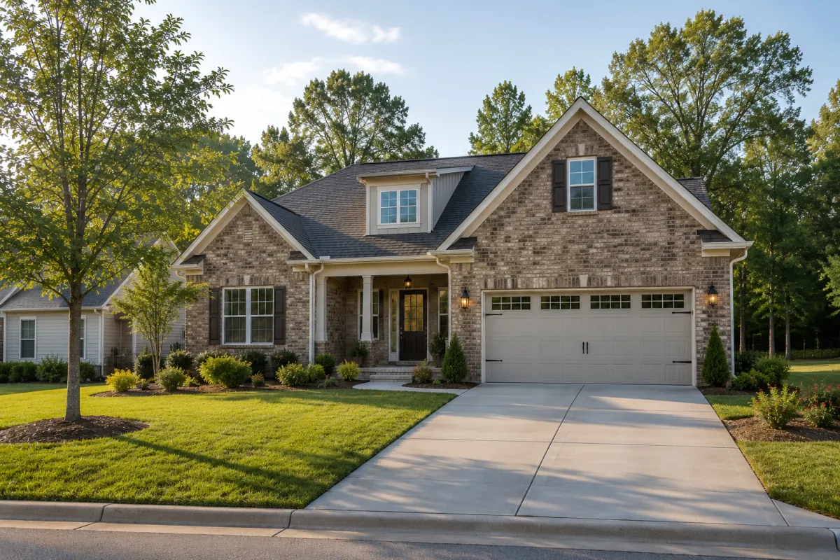 Driveway-focused view of a brick-front newer home in Fountain Inn during soft morning light, featuring a spacious front yard, mature trees, and a calm residential setting that reflects clarity, confidence, and the realization that a slower pace of life can be a good fit.