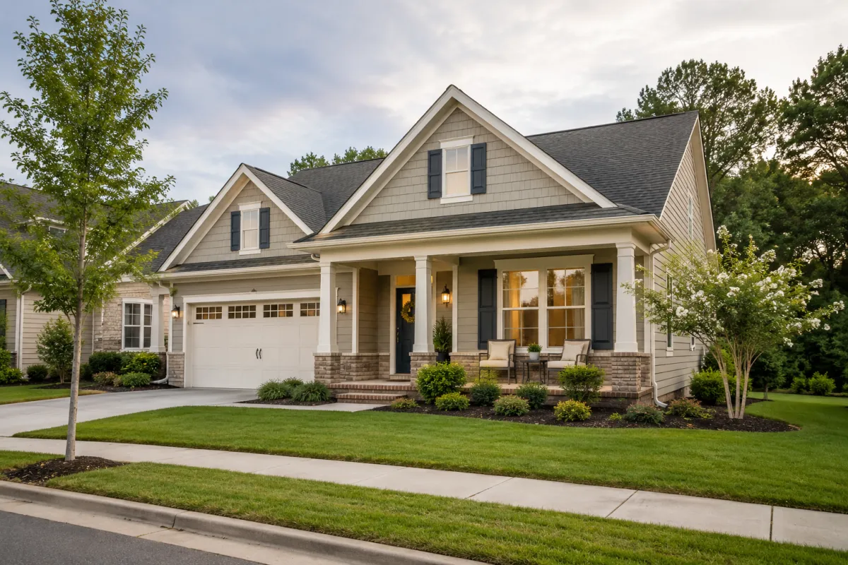 Straight-on exterior view of a traditional brick-front newer home in a Greenville neighborhood on a softly overcast afternoon, featuring a welcoming front porch, mature landscaping, and a quiet sidewalk-lined street that reflects stability, uncertainty, and the desire to make a smart long-term decision.