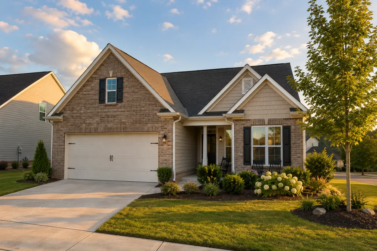 Driveway-focused view of a brick-front newer home in Fountain Inn during soft morning light, featuring a manageable yard, mature landscaping, clean architectural lines, and a peaceful residential setting that reflects clarity, simplicity, and confidence in choosing a home that fits everyday life.