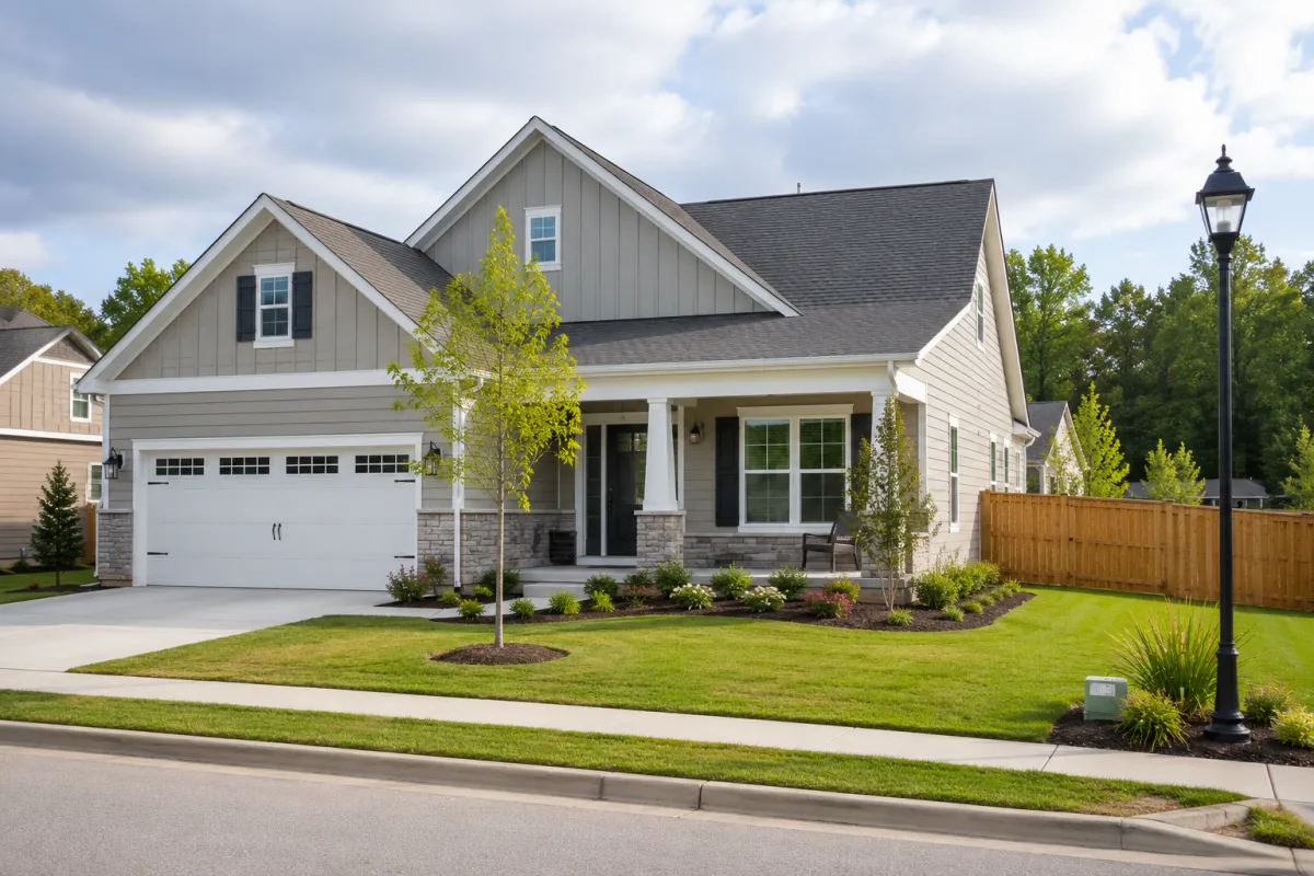 Straight-on exterior view of a newer traditional suburban home in Greenville on a calm overcast morning, featuring a fenced backyard visible from the side, mature landscaping, wide sidewalks, and a quiet neighborhood atmosphere that reflects security, routine, and the desire to make the right decision for every member of the family, including a dog.