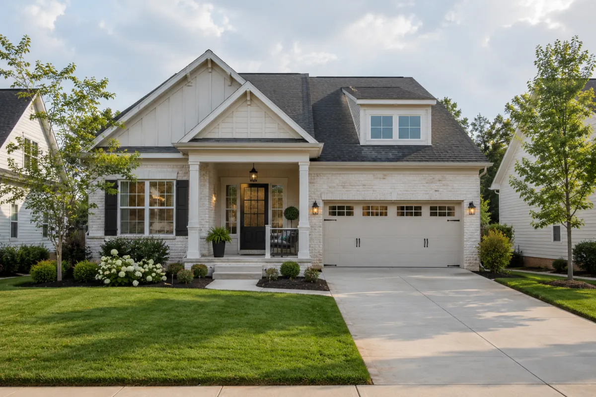 Straight-on exterior view of a transitional-style newer home in Greenville during soft overcast morning light, featuring clean landscaping, a welcoming front porch, wide driveway, and a calm neighborhood setting that reflects the uncertainty buyers often feel while making important new construction upgrade decisions.