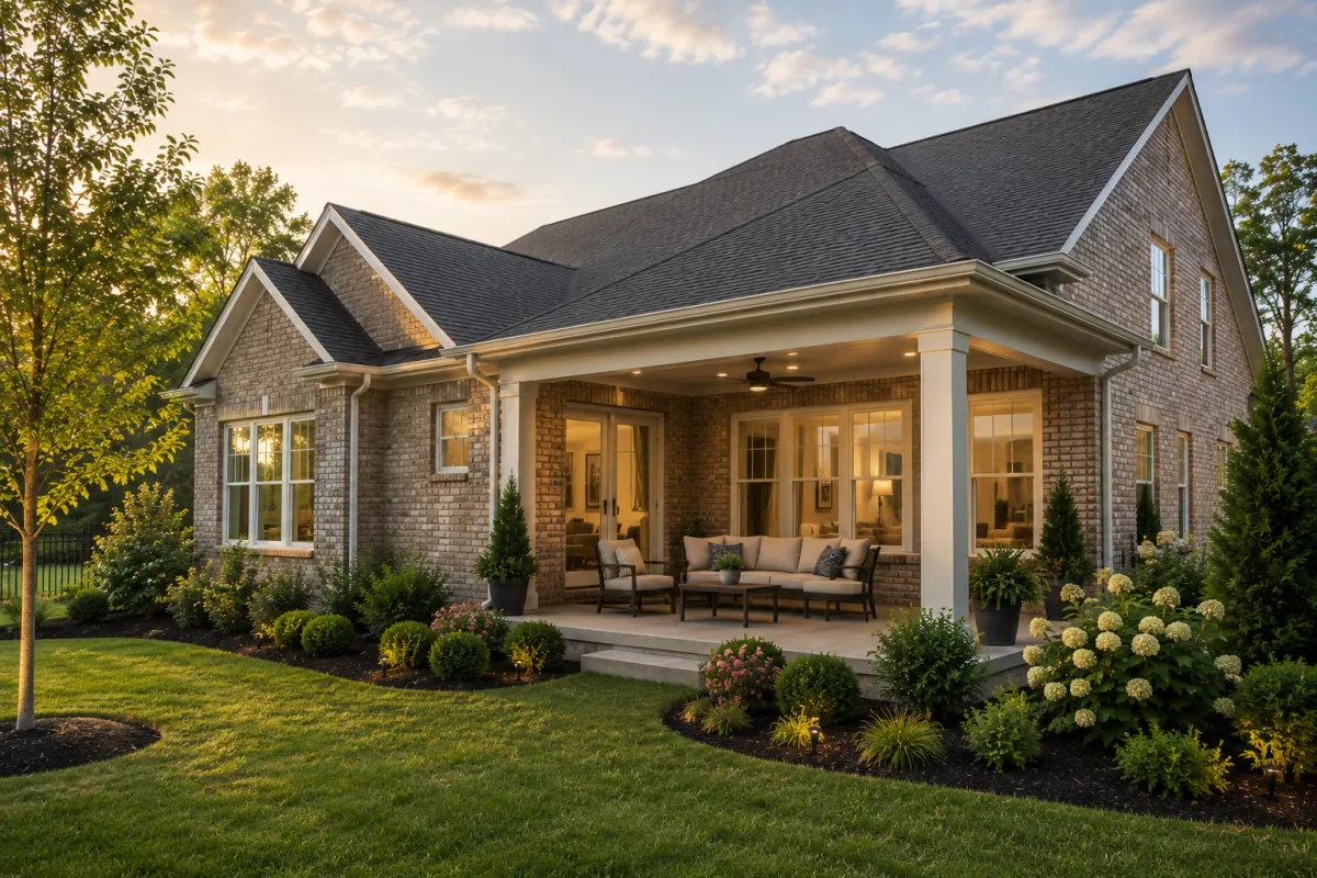 Slight corner-angle view of a brick-front newer home in Fountain Inn during soft morning light, featuring a covered patio, mature landscaping, comfortable outdoor seating, and a peaceful backyard setting that reflects confidence, clarity, and the feeling of finally knowing what matters most in a home.