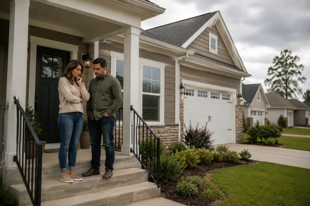A thoughtful Hispanic couple stands on the front porch of a newer suburban home in Greenville County during a calm cloudy afternoon, quietly discussing whether the home feels right for their future.