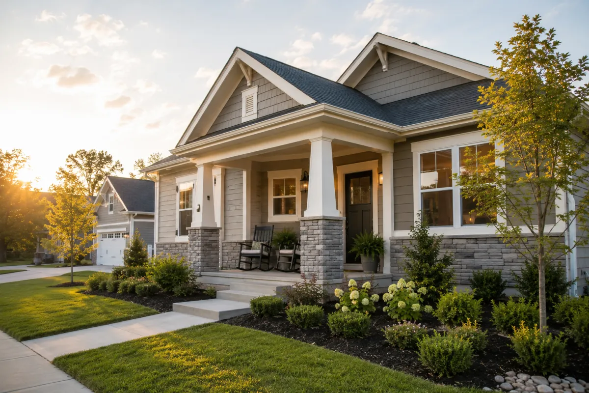 A peaceful newer craftsman-style home in Greenville County with soft morning light, mature landscaping, and a welcoming front porch designed for everyday living and future flexibility.