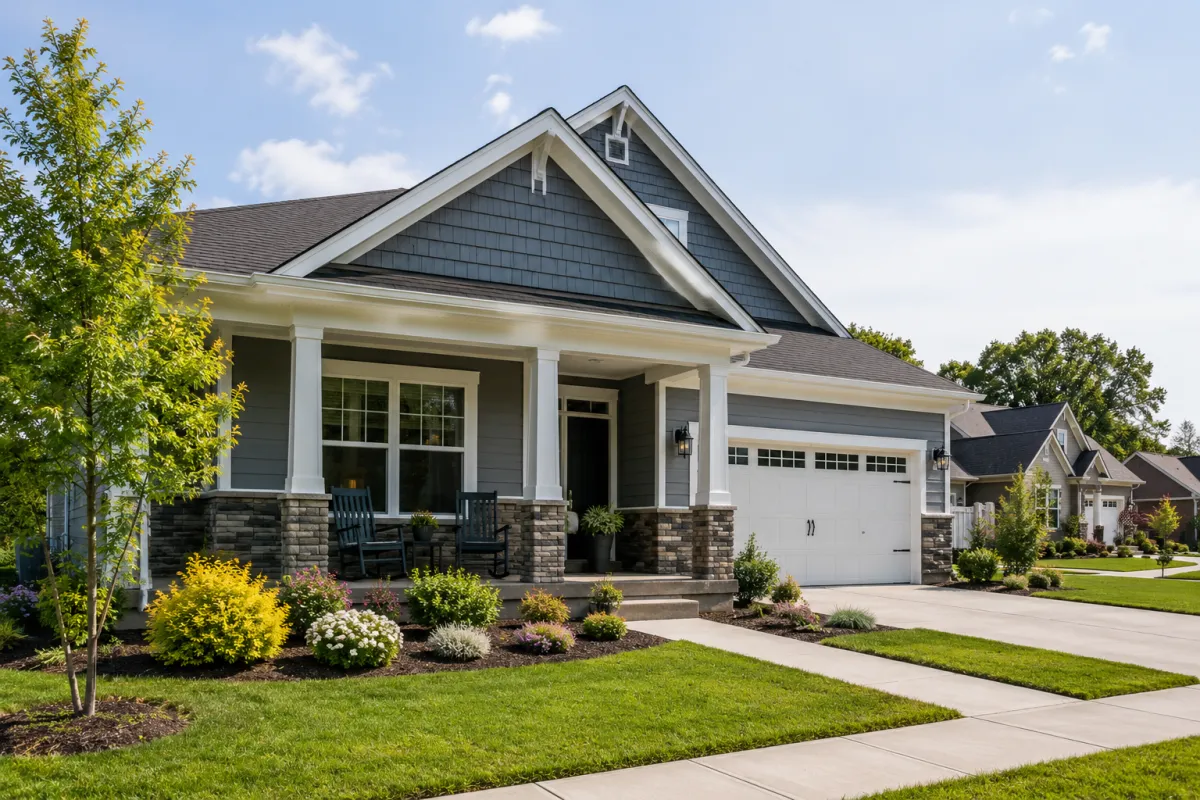 A peaceful newer craftsman-style home in a Greenville neighborhood on a bright overcast afternoon, featuring a welcoming front porch, simple landscaping, and a calm atmosphere that reflects financial confidence and homeownership possibility.
