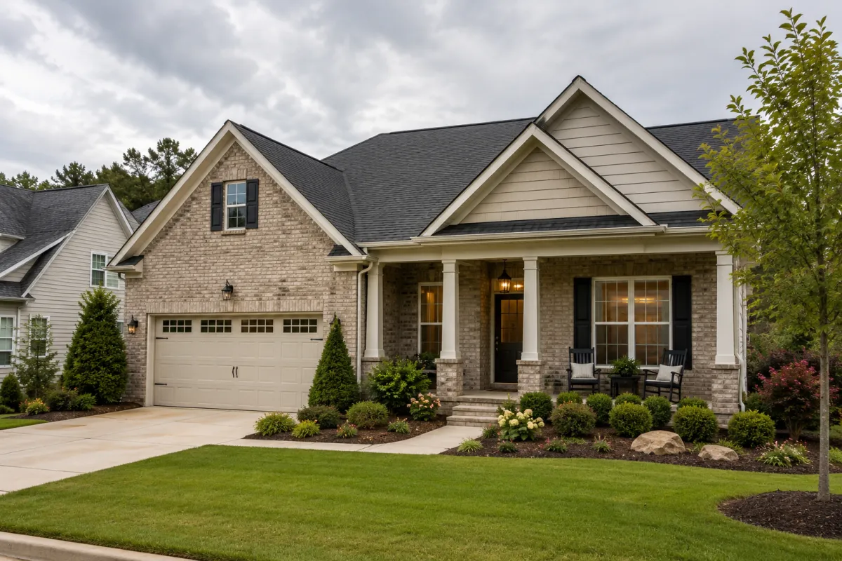 A newer brick-front suburban home in a quiet Greenville County neighborhood on an overcast afternoon, featuring a welcoming front porch, mature landscaping, and a calm, reassuring atmosphere that reflects thoughtful decision-making.