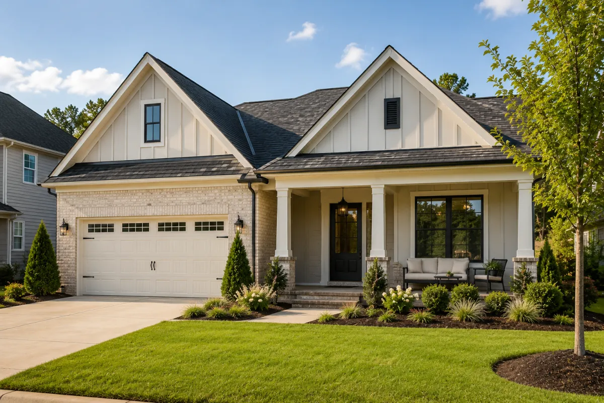 A transitional-style new construction home with board-and-batten accents and a welcoming front porch sits on a quiet Greenville County street during soft morning light, creating a calm and reassuring setting for buyers learning about financing decisions.