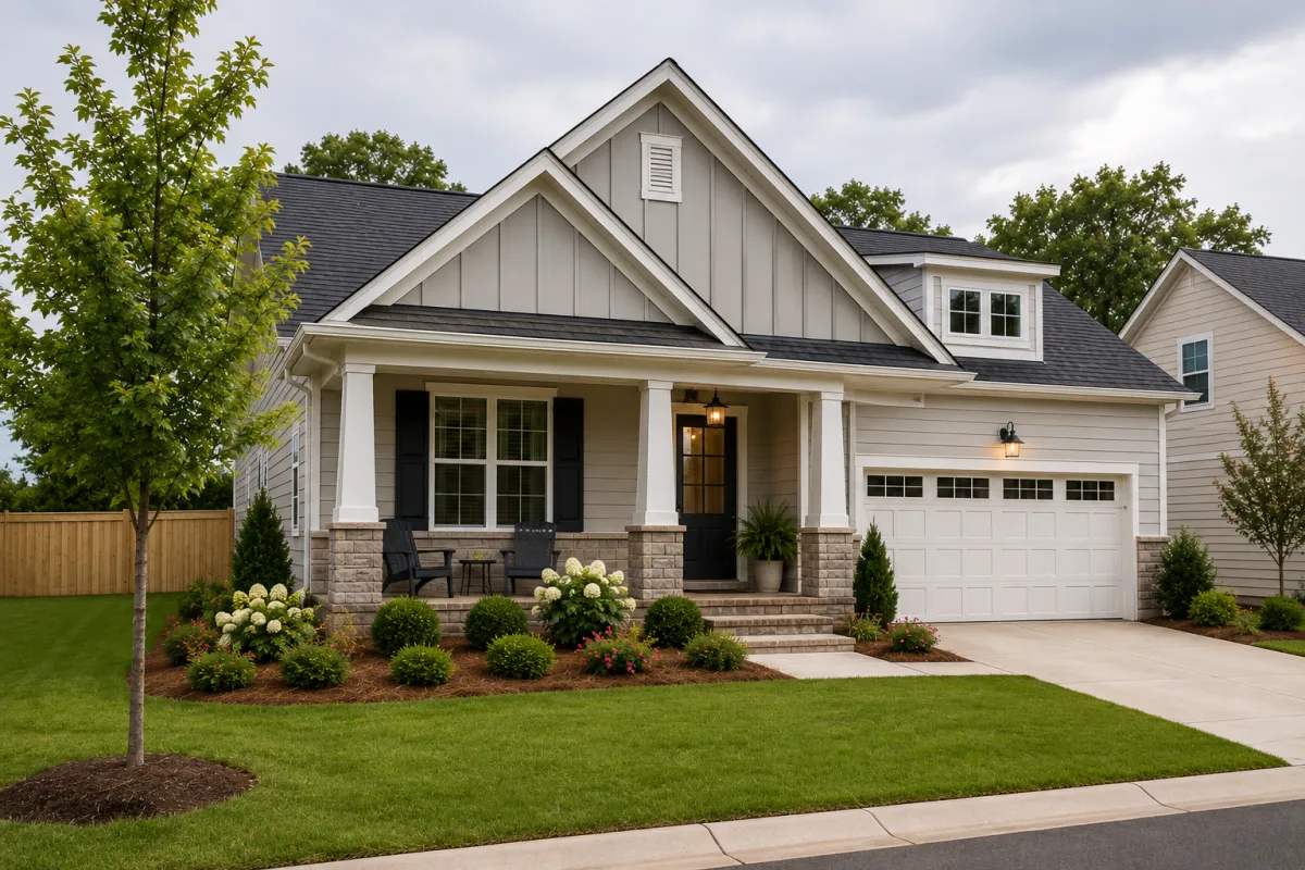 A transitional-style new construction home in Fountain Inn during a calm overcast afternoon, featuring a covered front porch, newer landscaping, and a peaceful neighborhood setting that reflects thoughtful financial decision-making.