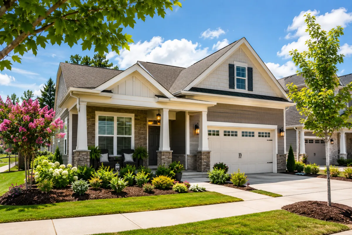 A newer brick-front home in a Greenville-area community on a bright afternoon, featuring welcoming landscaping, a covered front porch, and a peaceful neighborhood setting that reflects the excitement and uncertainty buyers often feel when comparing builder incentives.